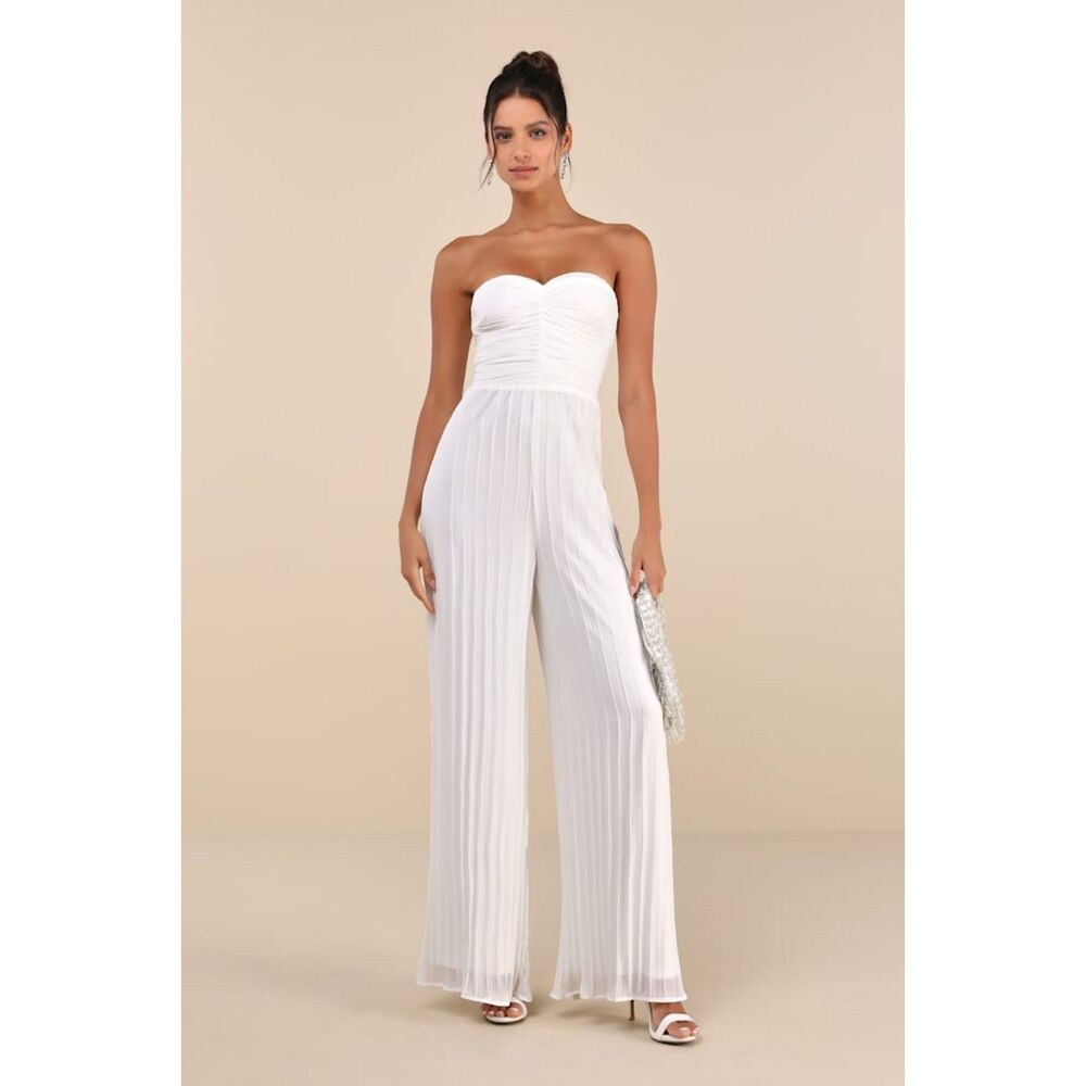 Lulus Certainly Charming White Pleated Strapless Wide-Leg Jumpsuit